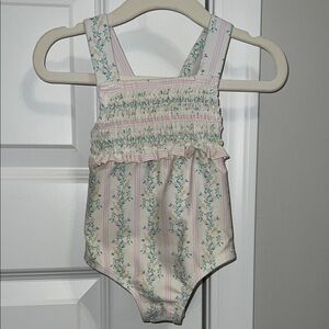 Edgehill Collection Smocked Ruffles Floral Striped Swimsuit with Birds & Vines